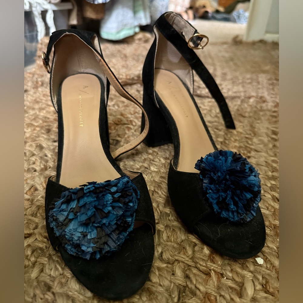 Anthropologie Black and Blue Elegant Heels with Pom-Pom - 4 inch heels